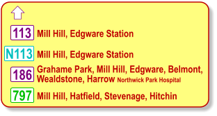  Grahame Park, Mill Hill, Edgware, Belmont,  Wealdstone, Harrow Northwick Park Hospital Mill Hill, Edgware Station 113 797 Mill Hill, Hatfield, Stevenage, Hitchin 186 Mill Hill, Edgware Station N113