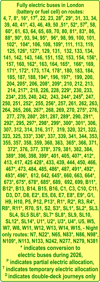 Fully electric buses in London  (battery or fuel cell) on routes: 4, 7, 8*, 16*, 17P, 22, 23, 28P, 29*, 31, 33, 34, 39, 40, 41*, 43, 46, 49, 50 ,51*, 52*, 57P, 58, 60*, 61, 63, 64, 65, 69, 70, 80, 81*, 83*, 86, 88*, 90*, 93, 94, 95*,  96*, 98, 99, 100, 101, 102*,  104*, 106, 108, 109*, 111, 113, 119, 125, 126*, 127*, 129, 131,  132, 133, 134, 141, 142, 143, 146, 151, 152, 153, 154, 156*, 157, 160, 162*, 163, 164, 165*,  166*, 169, 171*, 172*, 173, 174, 178*, 180, 183, 184, 185, 187, 188, 194*, 196, 197*,  199, 200, 204, 205*, 206, 208*, 209*, 210, 212, 213, 214, 217*, 218, 226, 228, 229*, 230, 233, 234*, 235, 240, 242,  243, 244*, 245P, 247, 250, 251, 252*, 255, 256*, 257, 261, 262, 263, 264, 265, 266, 267*, 268, 269, 270, 275*, 276, 277, 279, 280*, 281, 287, 289*, 290, 291*, 292*, 295, 297*, 298*, 299*, 300*, 301*, 306, 307, 312, 314, 316, 317,  319, 320, 321, 322, 323, 325, 333*, 336*, 337, 339, 341, 344, 353, 355, 357, 358, 359, 360, 363,  365*, 366, 371, 372*, 376, 377, 378*, 379, 381, 382, 384, 389*, 396, 398, 399*, 401, 405, 407*, 412*, 413, 417, 425 428*, 433, 439, 444, 450, 466, 467*, 473, 484, 485, 486*, 487, 491*, 492*, 493*, 496*,  612, 642, 645*, 660, 663, 664*, 673*, 675*, 678*, 685*, 689,  692, 699, B11*, B12*, B13, B14, B15, B16, C1, C3, C10, C11, D3, D7, D8, E2*, E5, E6, E7, E8*, E9*, G1, H9, H10, P5, P12, P13*, R1*, R2*, R3, R4*, R8*, R11*, R70, S1, S2, S3*, SL1*, SL2*, SL3, SL4, SL5 SL6*, SL7* SL8*, SL9, SL10, SL12*, SL14*, U1*, U2*, U3*, U4*, U5, W5, W7, W8, W11, W12, W13, W14, W15, - Night only routes: N7, N22*, N65, N83*, N86, N98*, N109*, N113, N133, N242, N277, N279, N381 * indicates conversion to  electric buses during 2026, P indicates partial electric allocation, T indicates temporary electric allocation D indicates double-deck journeys only