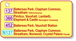    Pimlico, Vauxhall, Lambeth,  Elephant & Castle Newington Causeway    Battersea Park, Vauxhall Station    360 N137 137 452   Battersea Park, Clapham Common,   Streatham Telford Avenue    Battersea Park, Clapham Common,   Streatham, Norwood, Crystal Palace Parade