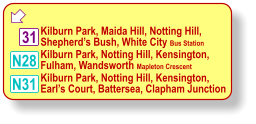  N28 N31 Kilburn Park, Maida Hill, Notting Hill, Shepherd’s Bush, White City Bus Station Kilburn Park, Notting Hill, Kensington, Fulham, Wandsworth Mapleton Crescent Kilburn Park, Notting Hill, Kensington, Earl’s Court, Battersea, Clapham Junction 31