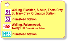  Welling, Blackfen, Sidcup, Foots Cray, St. Mary Cray, Orpington Station Plumstead Station Welling, Falconwood, Avery Hill Crown Woods School 53 51 658 N53 Plumstead Station